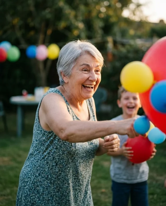 Grandmother celebrating with her grandson and balloons in the garden – AI ad image for family and party brands.