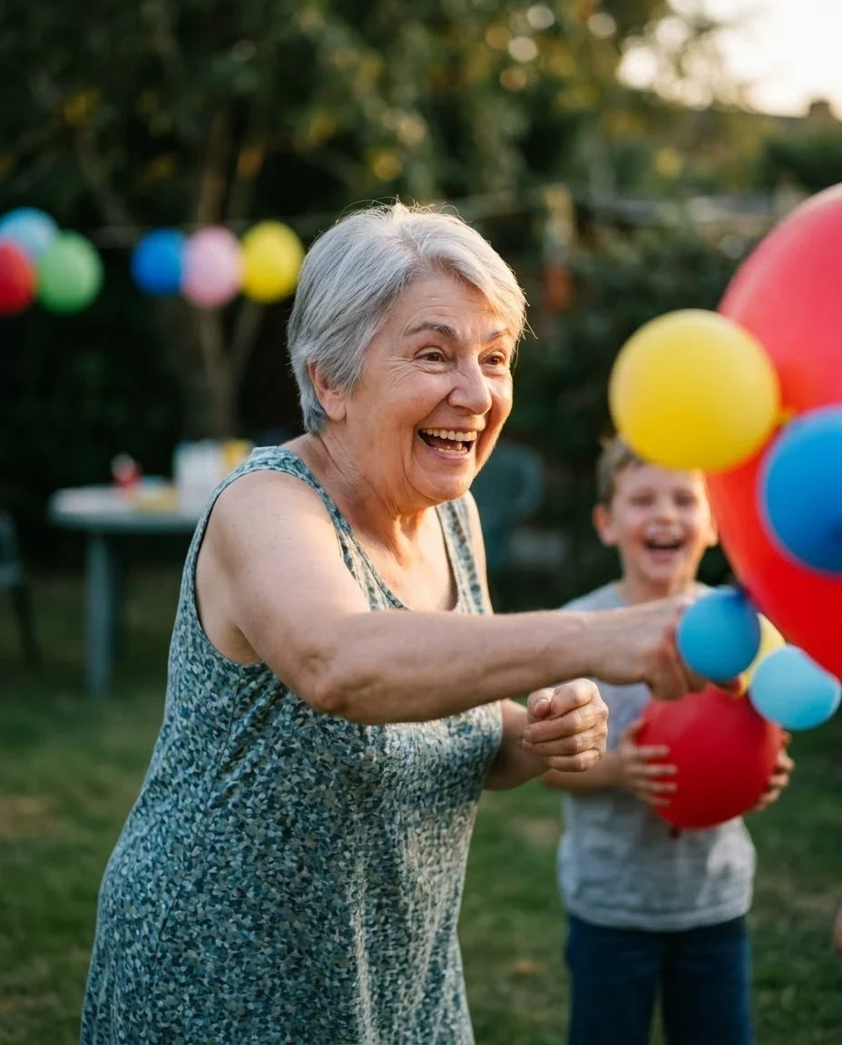Großmutter feiert mit ihrem Enkel und bunten Luftballons im Garten – KI-generiertes Werbebild für Familien- und Feiermarken.