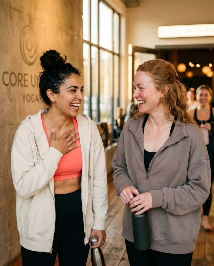 Two women laughing at the entrance of a yoga studio – AI ad image for yoga and wellness studios.
