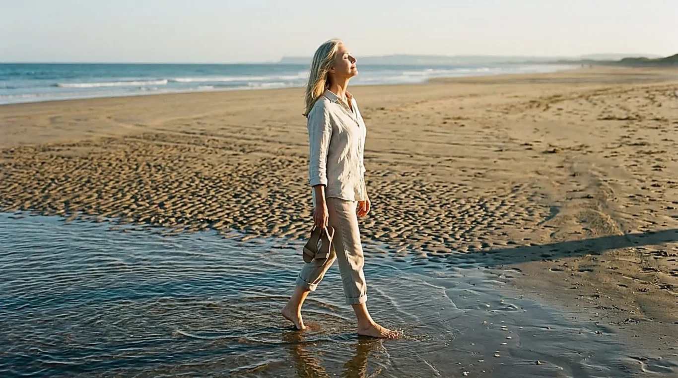 Frau läuft barfuß am Strand in der Abendsonne – KI-generiertes Werbebild für Reise und Lifestyle.