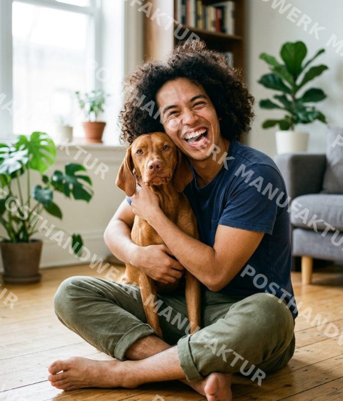 Young man with curly hair laughing and hugging a dog on a living room floor, AI-generated image for pet, home and lifestyle marketing.