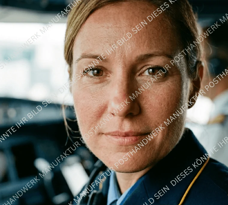Female pilot in cockpit, AI-generated character image for professional
services and aviation.