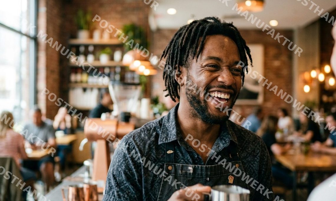 Laughing Black man at a café bar counter, AI-generated character image for hospitality, gastronomy and social media content.