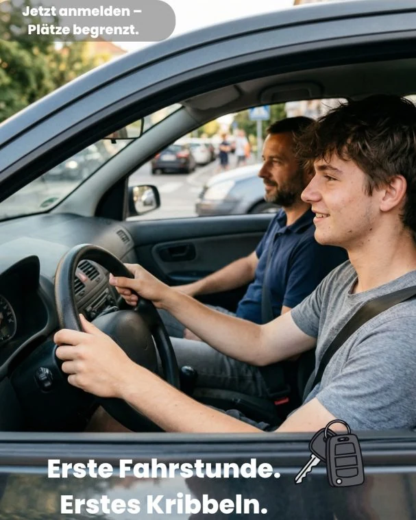 Fahrschüler am Steuer:
Fahrschule, emotionaler Instagram-Post für die erste Fahrstunde.