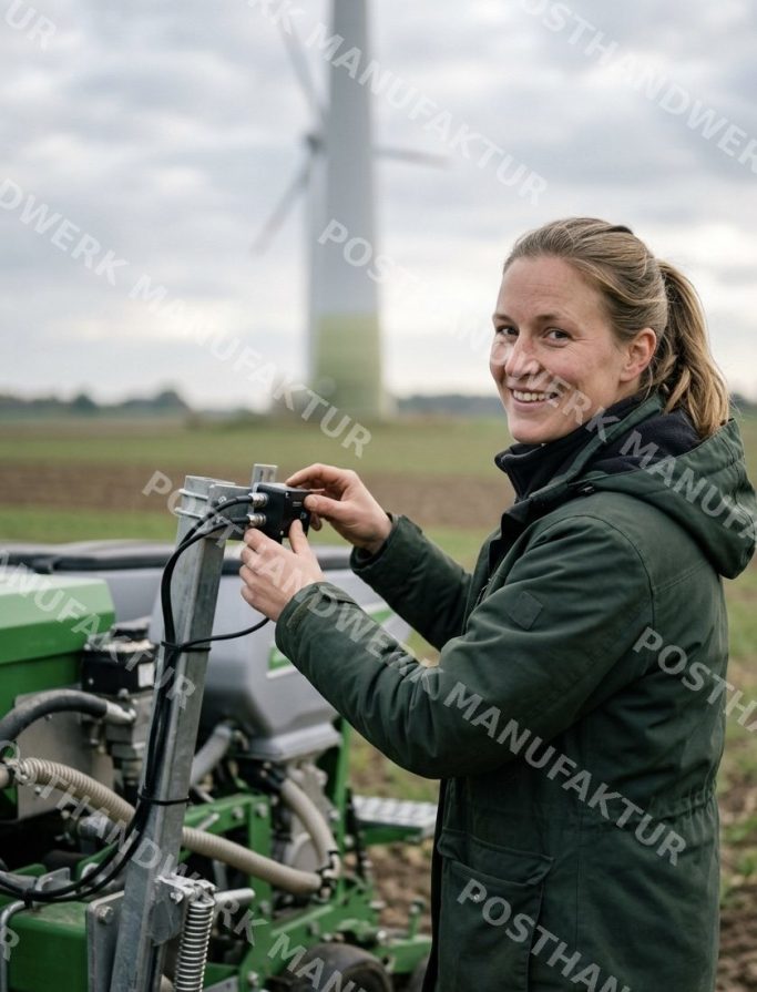 Young woman at farm machinery with wind turbine, character image for agriculture and technology.