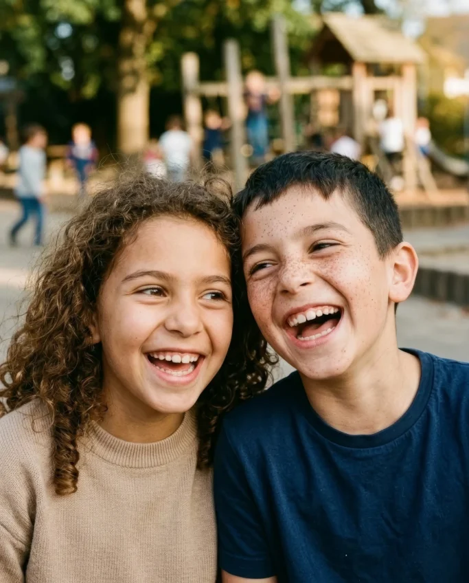 Two children laughing together in a close portrait – AI ad image for family and education brands.