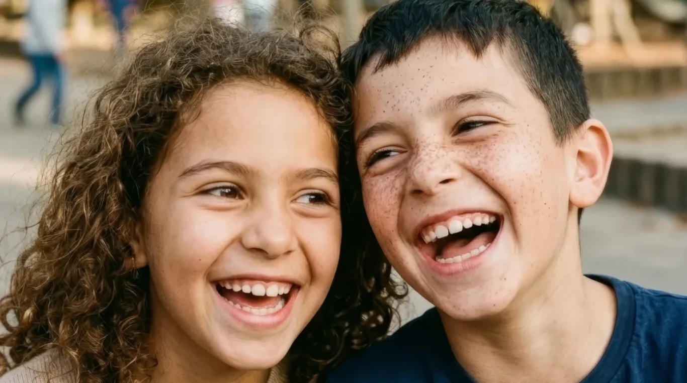 Zwei Kinder lachen ausgelassen im Porträt – KI-Werbebild für Familie und Bildung.