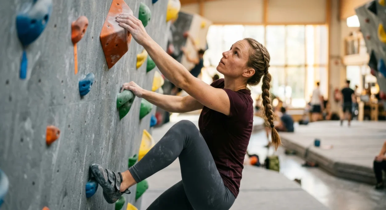 Woman climbing focused on an indoor bouldering wall – AI ad image for climbing gyms and sport brands.