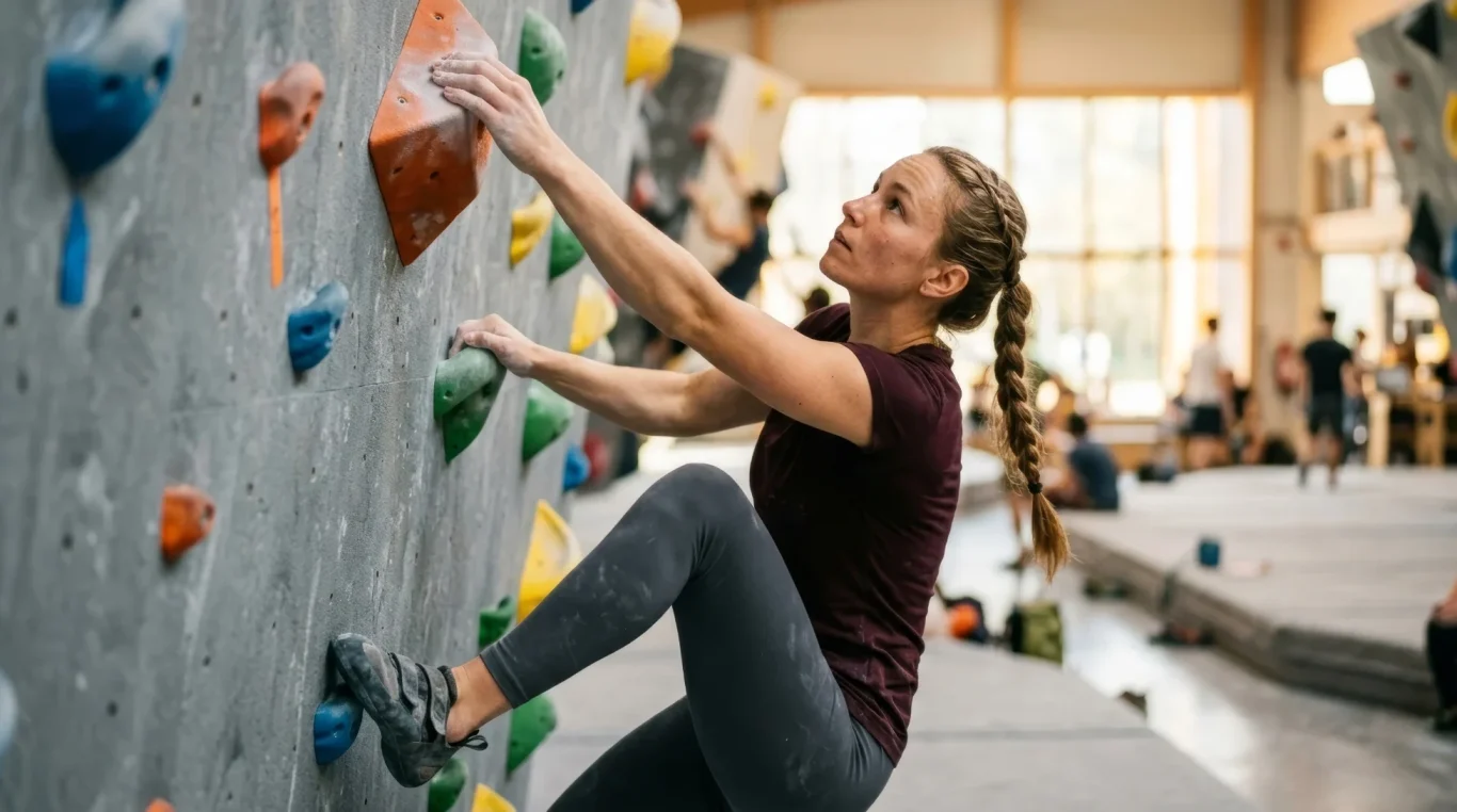 Frau klettert konzentriert an der Boulderwand – KI-Werbebild für Kletterhallen und Sport.