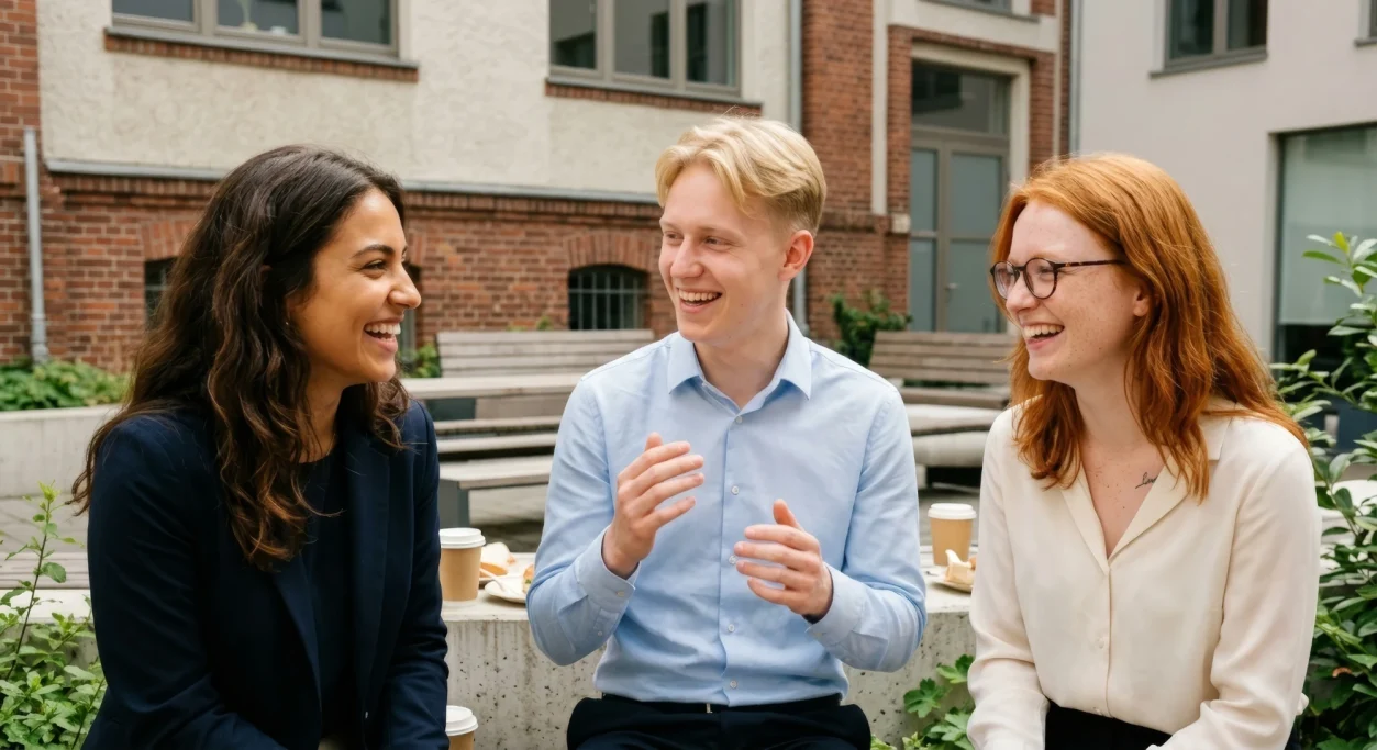 Three colleagues chatting and laughing outdoors – AI ad image for B2B and team culture brands.