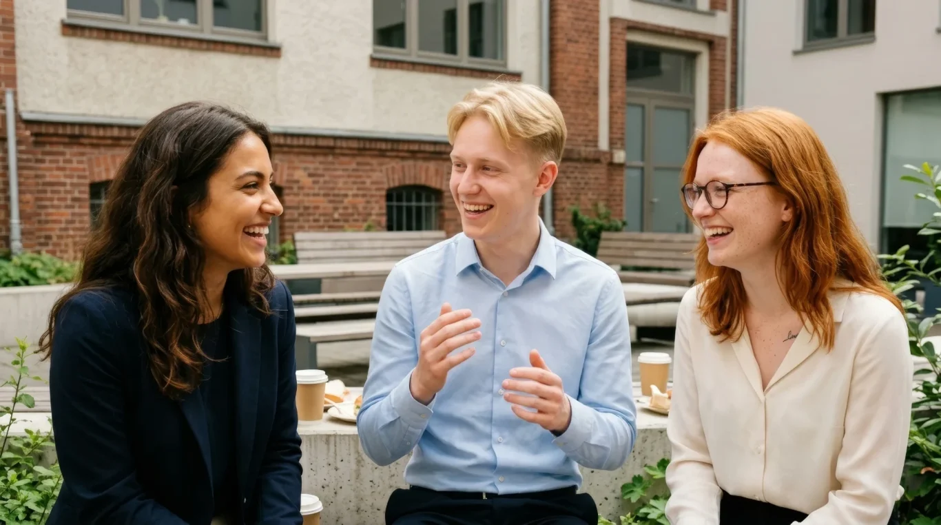 Drei Kolleginnen und Kollegen unterhalten sich lachend im Freien – KI-Werbebild für B2B und Teamkultur.
