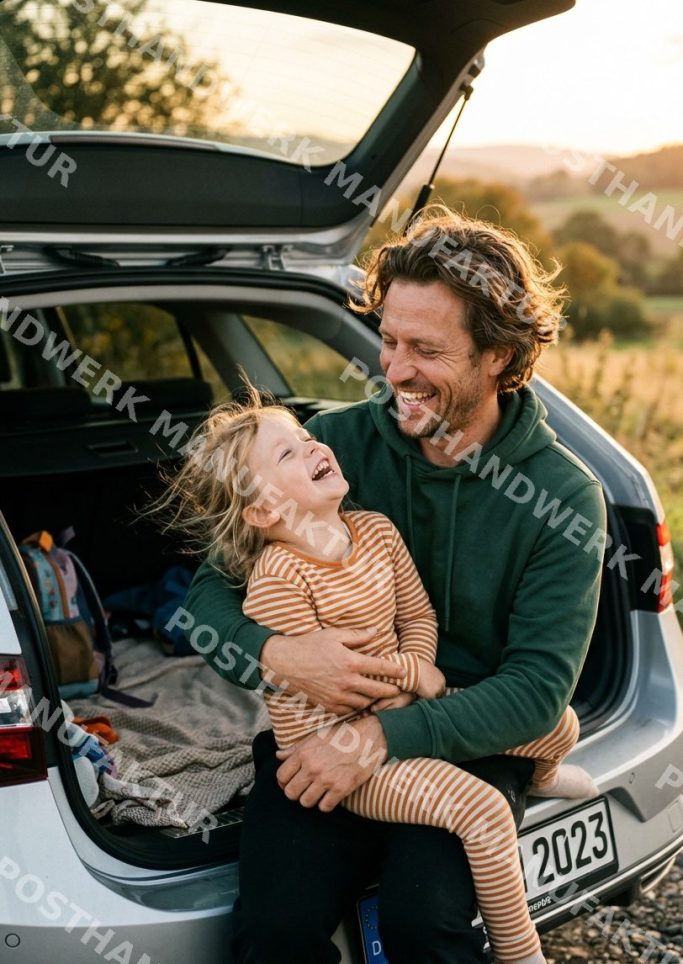 Father laughing with daughter sitting in the boot of a car at golden hour in the countryside, AI-generated lifestyle image for automobile.