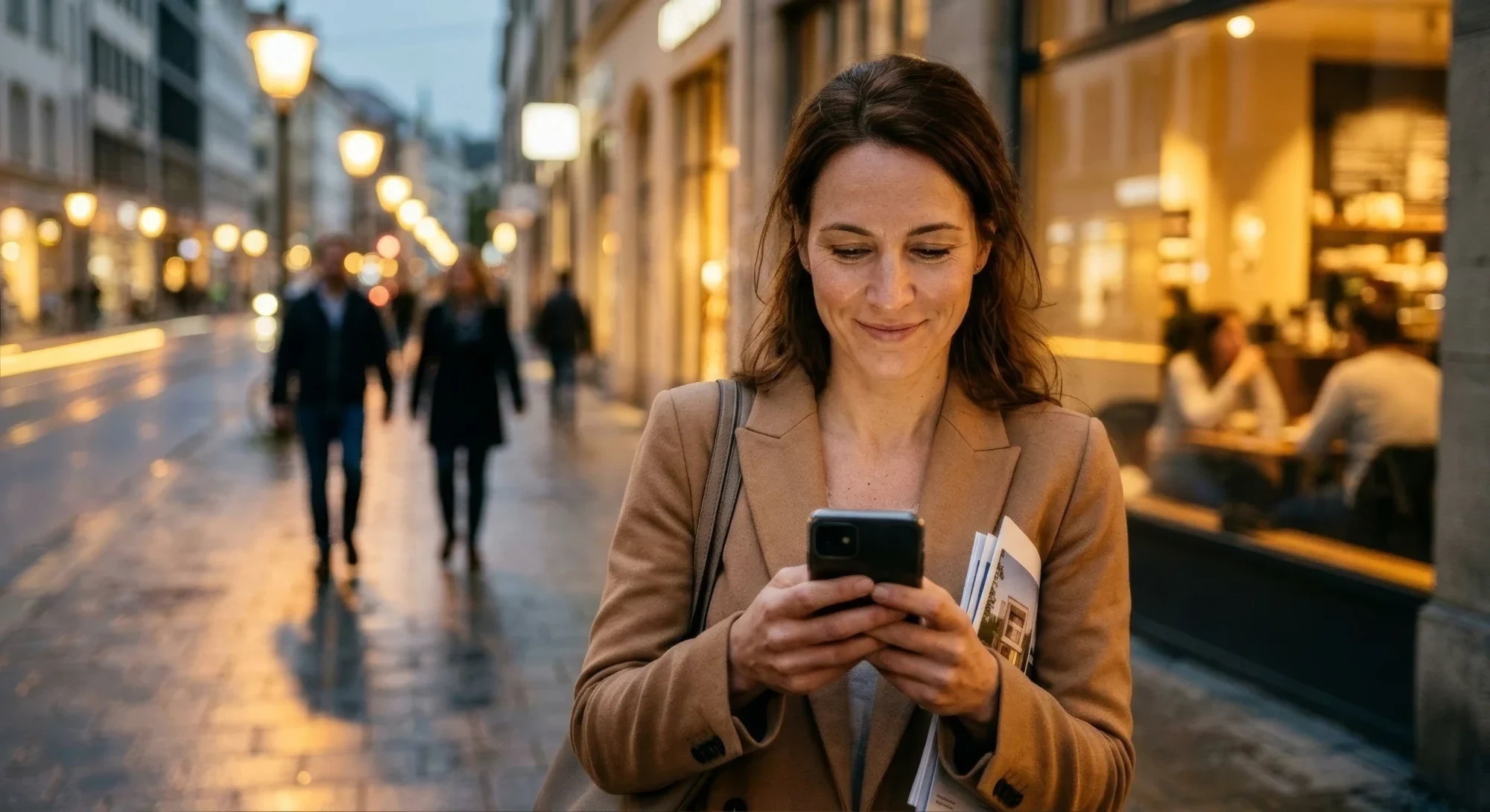 Frau schaut abends in der Stadt aufs Smartphone – KI-Werbebild von Posthandwerk.