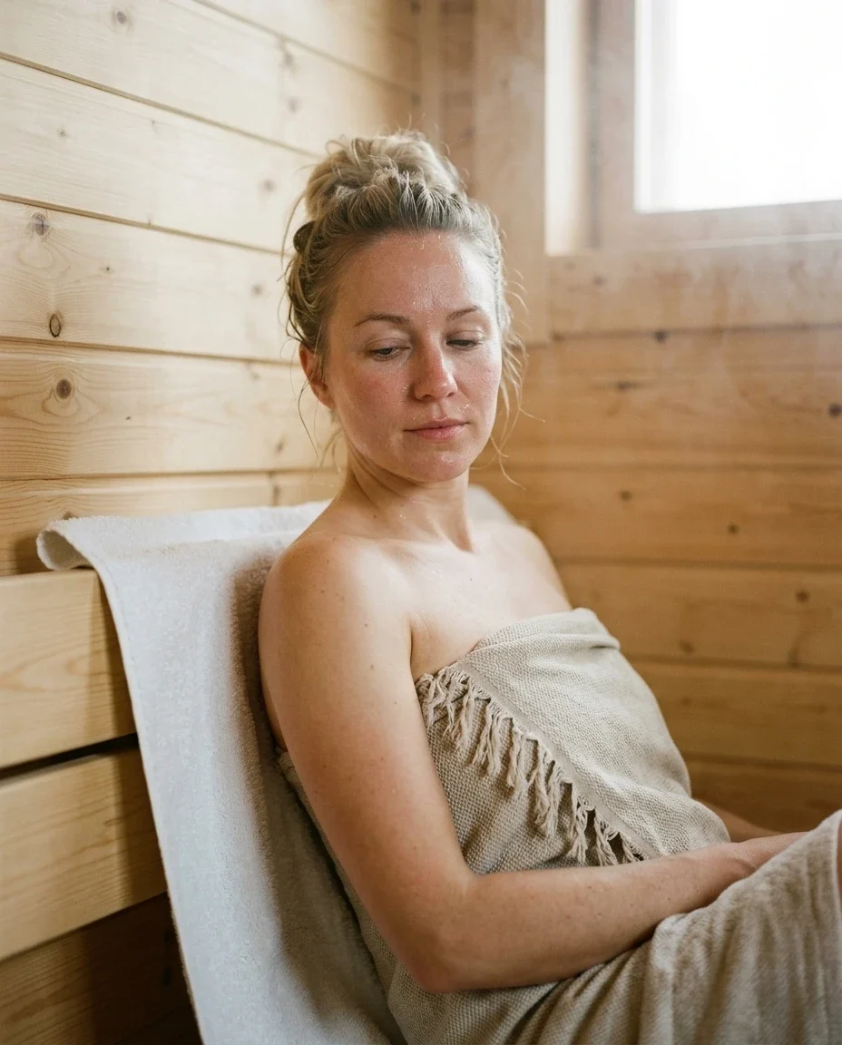 Frau entspannt eingehüllt in ein Handtuch in der Sauna – KI-Werbebild für Wellness und Spa.