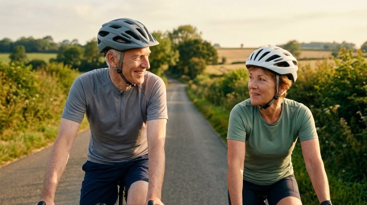 Senior couple cycling together through the countryside – AI ad image for active senior and mobility brands.