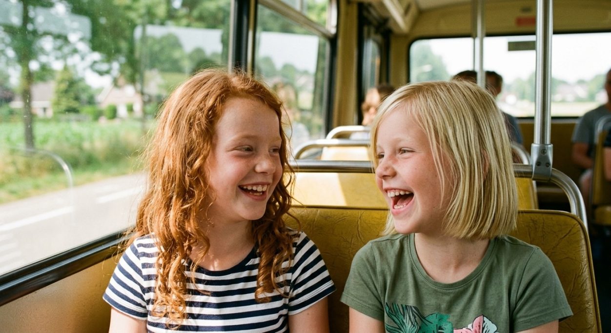 Two girls laughing together on the bus – AI ad image for education and public transport brands.