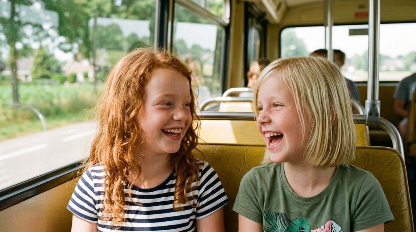 Zwei Mädchen lachen gemeinsam im Bus – KI-Werbebild für Bildung und öffentlichen Nahverkehr.