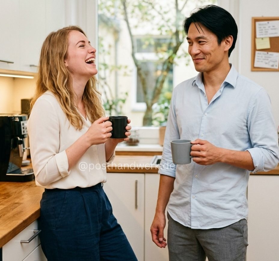 Zwei Kollegen lachen beim Kaffee im Büro – KI-generiertes Werbefoto von Posthandwerk für Employer Branding und Recruiting.