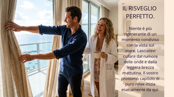 AI-generated hyper-realistic advertising image of a joyful couple opening curtains to reveal a bright ocean view from a hotel balcony.