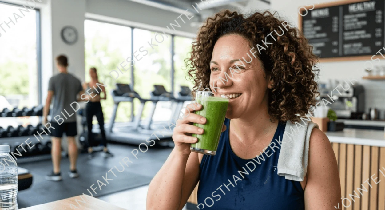 Woman drinking green smoothie at the gym, AI image for nutrition
coaching and fitness marketing.