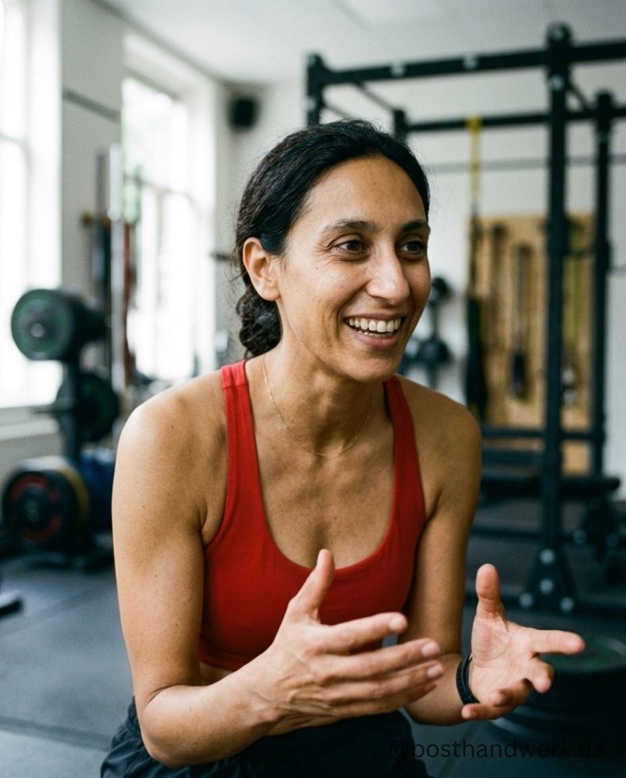Custom AI brand character in a gym setting – consistent virtual model for fitness marketing.