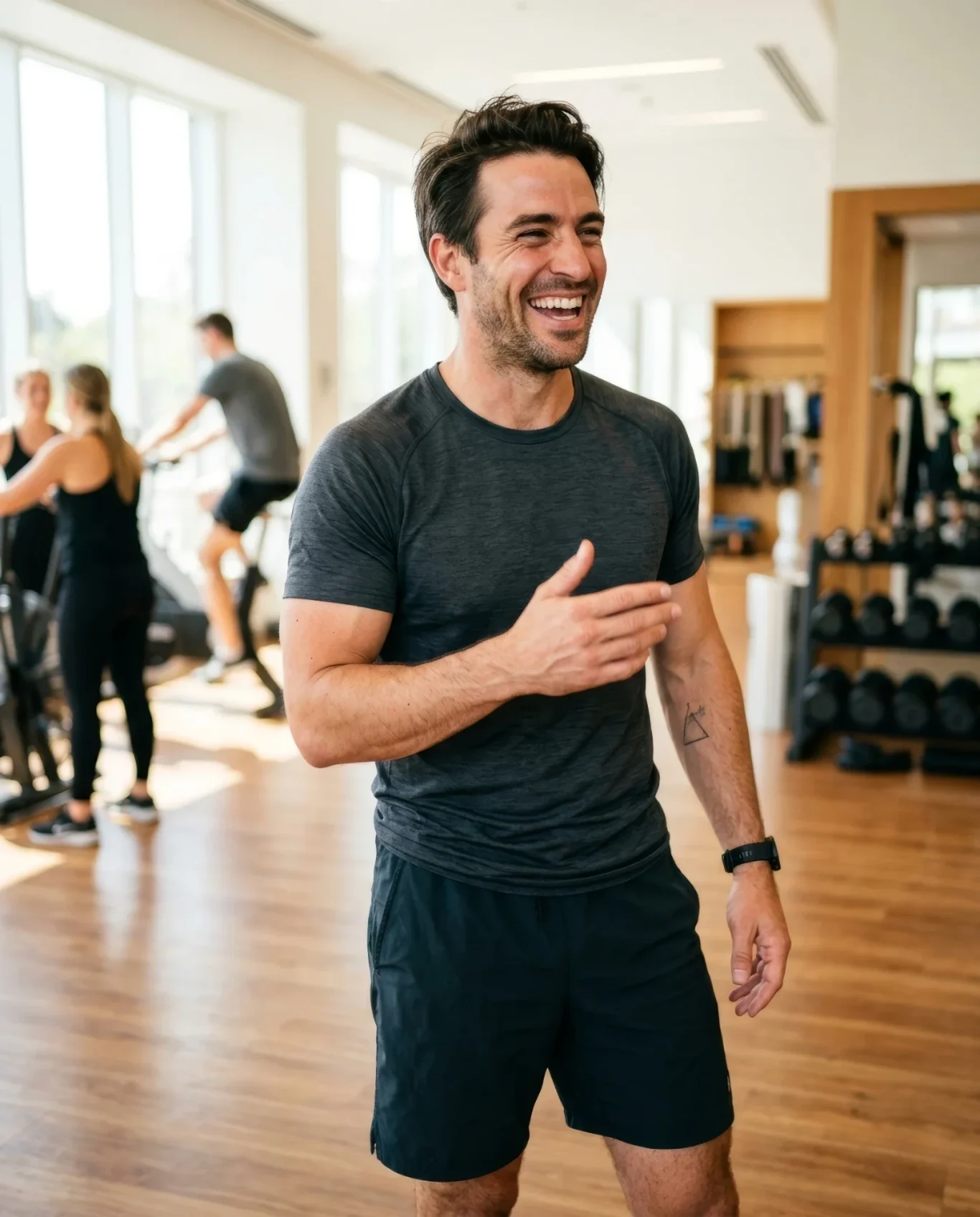 Personal Trainer erklärt Übung im Fitnessstudio – KI-Werbebild für Fitness und Sportstudios.