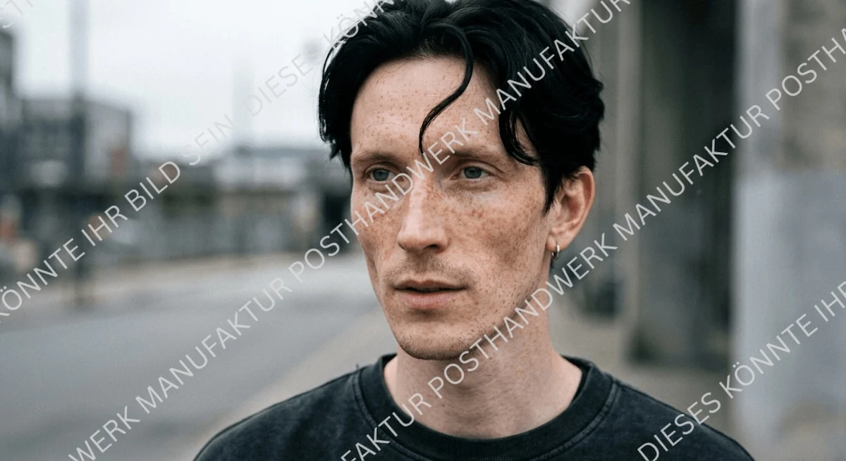 Thoughtful man with freckles, atmospheric editorial AI portrait for creative industries, design and telecommunication.