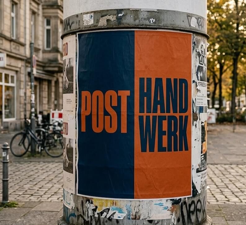 POSTHANDWERK brand poster on a classic advertising column in a German city street.