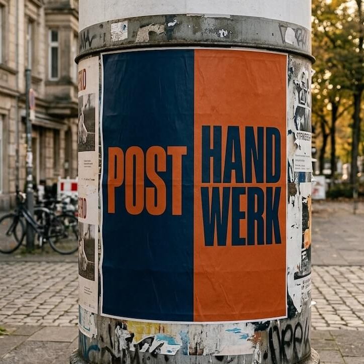 POSTHANDWERK brand poster on a classic advertising column in a German city street.