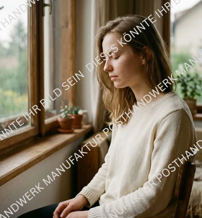 Young woman meditating by window, AI image for mindfulness coaching,
yoga and wellness.