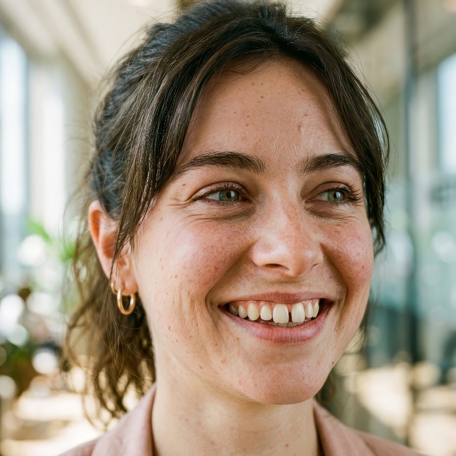Young woman with gap-toothed smile in close-up – AI-generated advertising image for employer branding, beauty and lifestyle brands.