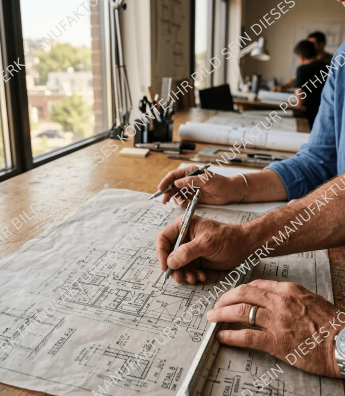 Hands on architectural blueprints, AI-generated image for architecture,
construction and project planning.