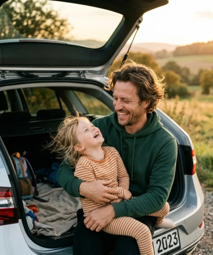 Father lifting his laughing daughter by the car trunk at sunset – AI ad image for family and travel.
