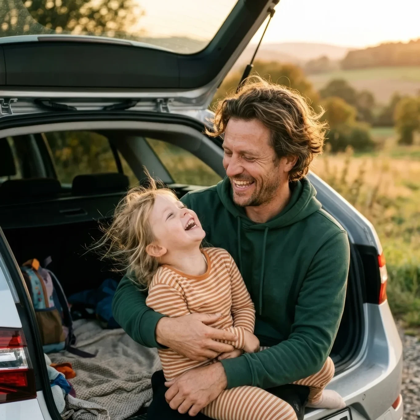 Vater hebt lachende Tochter am Kofferraum in der Abendsonne – KI-Werbebild für Familie und Reisen.