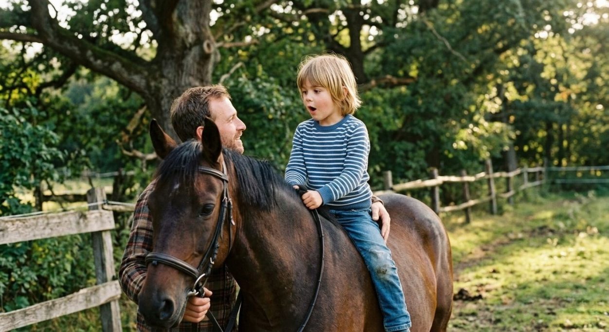 Father with son on horseback riding through the countryside – AI ad image for equestrian and family brands.