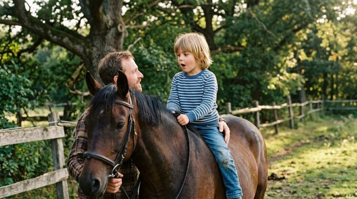 Vater führt Sohn auf Pferd durch die Natur – KI-Werbebild für Reitställe und Familie.