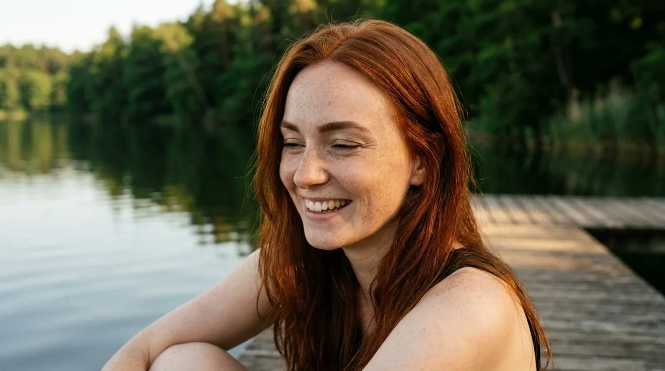 Frau lächelt entspannt am Seesteg – KI-Werbebild für Tourismus und Lifestyle.