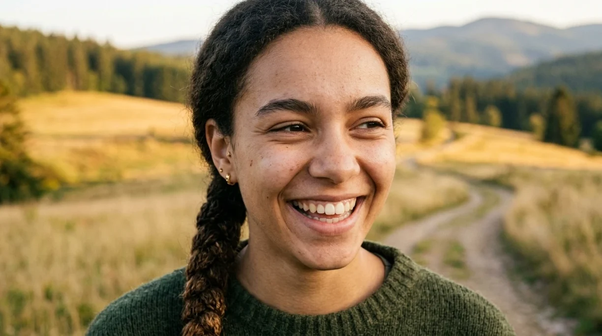Woman with braided hair smiling in the countryside – AI ad image for agriculture and lifestyle brands.