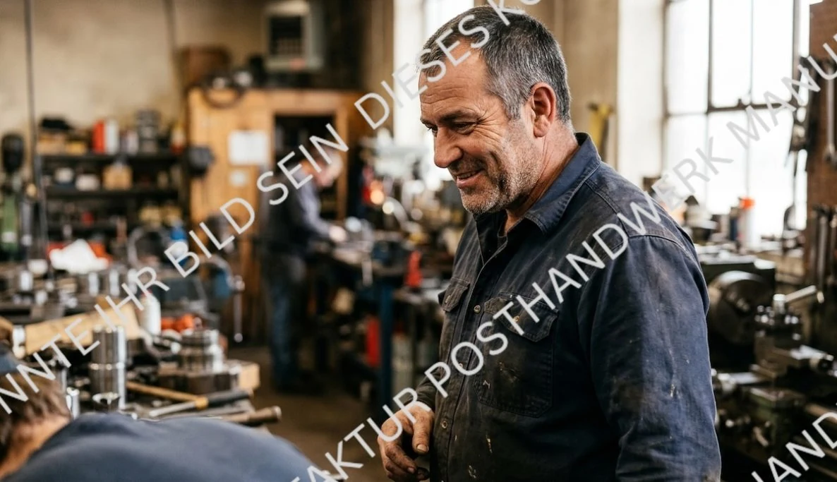 Smiling metalworker in metal workshop, AI image for metalworking,
locksmithing and mechanical engineering.