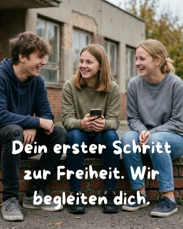 Drei Teenager sitzen auf Mauer: Beispiel-Post für Fahrschule und Führerschein – KI-generierter-Post für junge Zielgruppe.