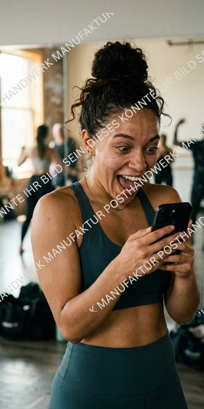Excited woman with smartphone at the gym, AI image for sports,
coaching and online marketing.