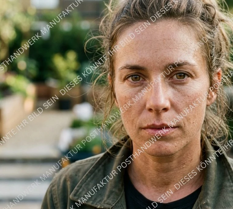 Woman with serious expression in garden setting, AI portrait for
gardening and landscaping services.