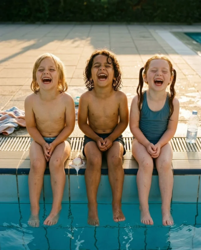 Three children sitting and laughing at the poolside – AI ad image for family and swimming pool brands.