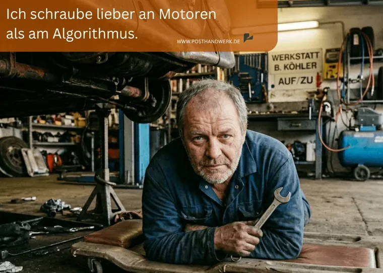 KI-generiertes Porträt eines KFZ-Mechanikers für Werkstatt-Marketing von POSTHANDWERK.