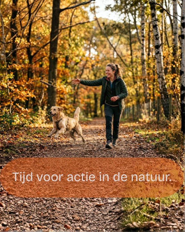 AI-generated authentic lifestyle photography of a smiling woman running with a golden retriever on a sunlit autumn forest path.