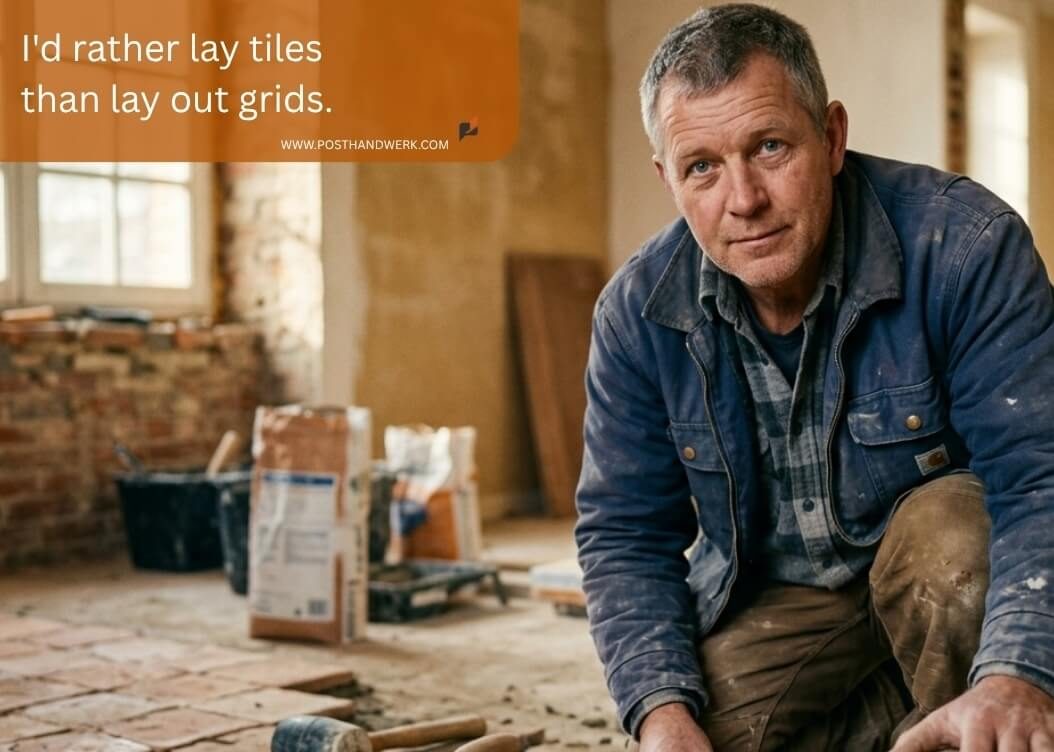 Craftsman laying tiles on a construction site – premium AI-generated visual content for the building and trades industry.