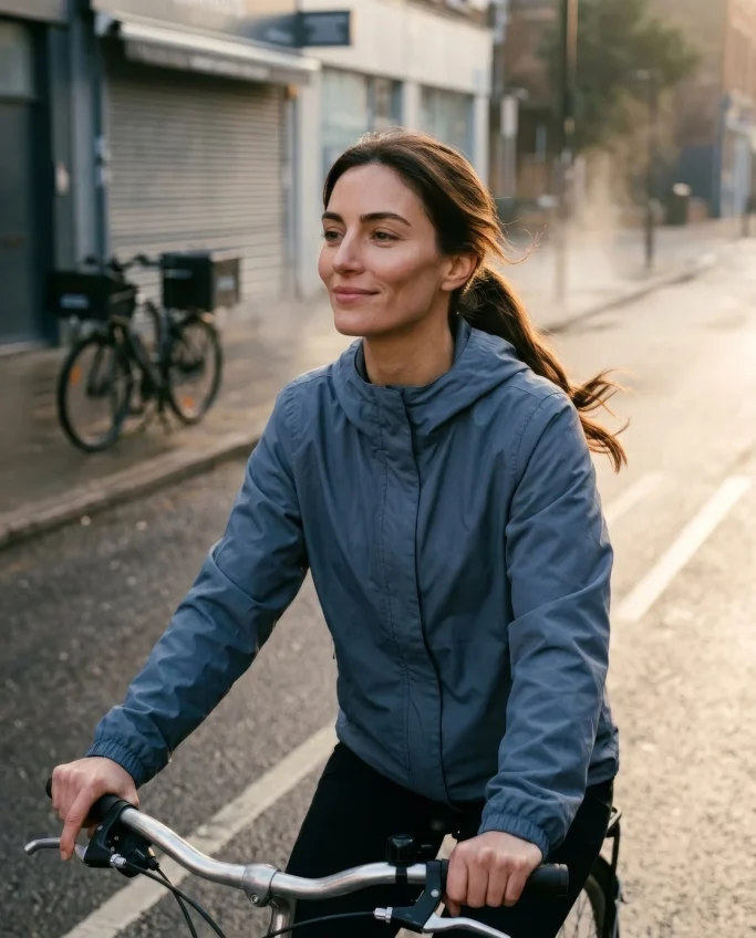 Woman cycling through the city in the morning – AI ad image for mobility and lifestyle brands.