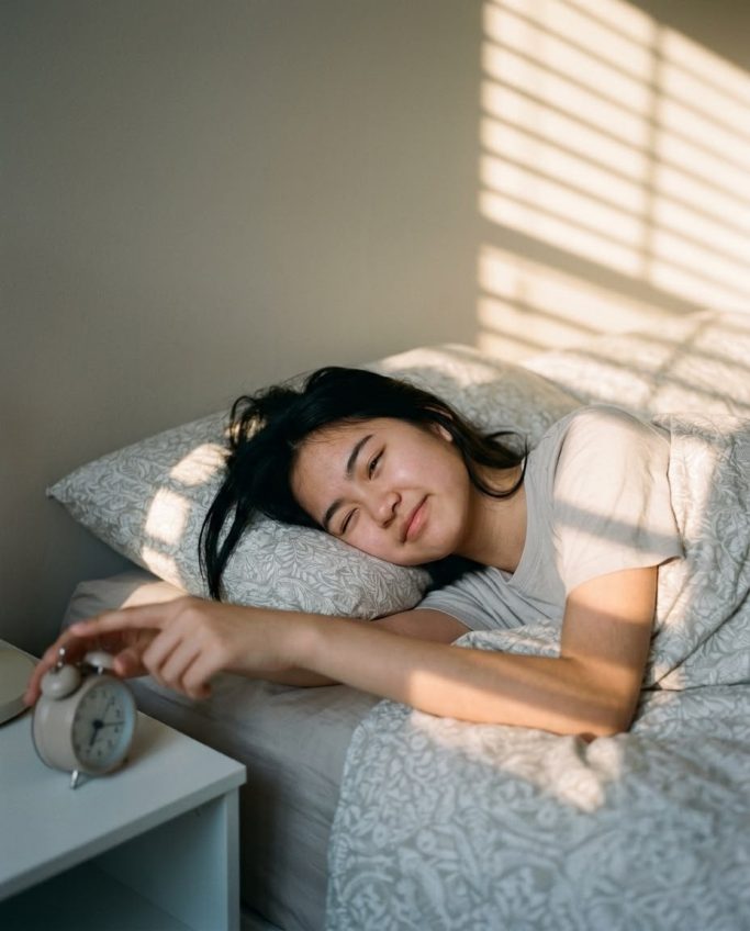 Woman just waking up in sunlit bed – AI ad image for home and sleep/bedding brands.